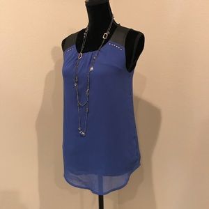 Blue shirt with faux leather trim